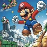 A pixel art Super Mario World Wallpaper showing Mario jumping over Koopas and pipes.
