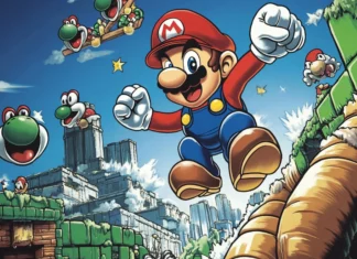 A pixel art Super Mario World Wallpaper showing Mario jumping over Koopas and pipes.