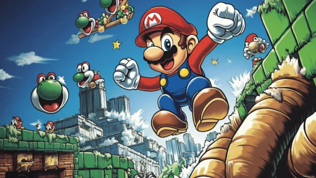 A pixel art Super Mario World Wallpaper showing Mario jumping over Koopas and pipes.