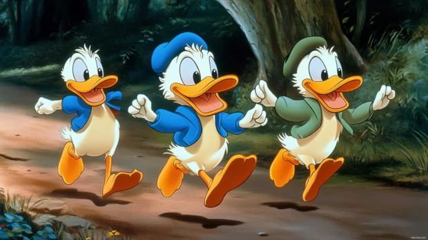 A playful Donald Duck wallpaper where he runs after Huey, Dewey and Louie in a fun chase.