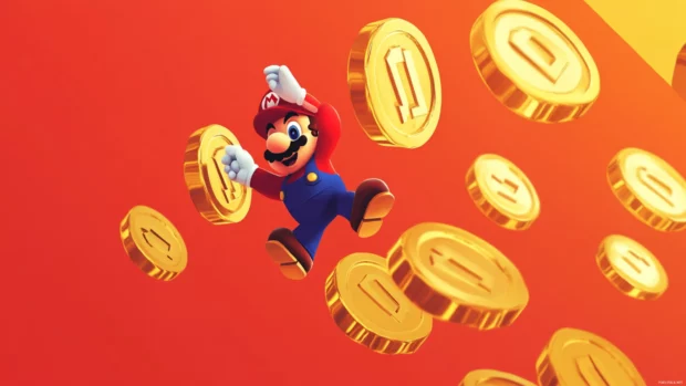A playful Mario Wallpaper showcasing Mario jumping through golden coin rings in cartoon style.