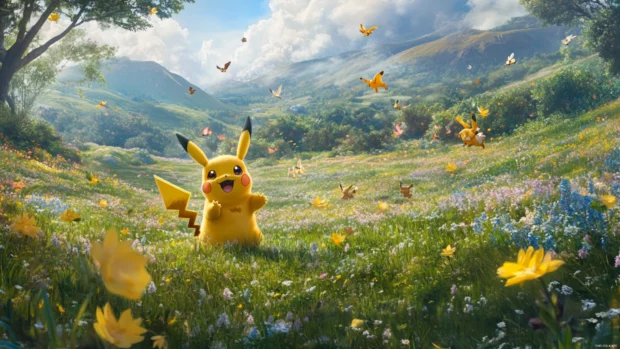 A playful Pikachu Wallpaper showing Pikachu surrounded by Pichus playing in a meadow.