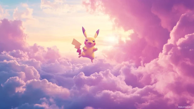 A playful Pikachu Wallpaper with Pikachu jumping across floating clouds in a pastel sky.