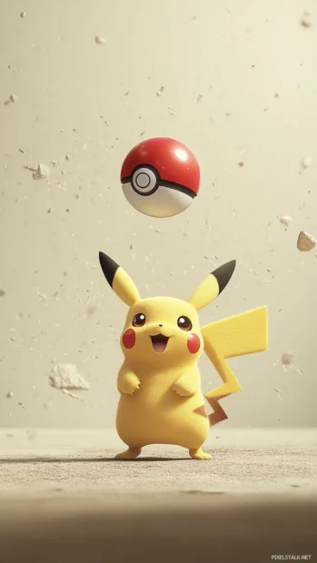 A playful Pikachu iPhone Wallpapers where Pikachu stands under a floating Poké Ball on a neutral background.