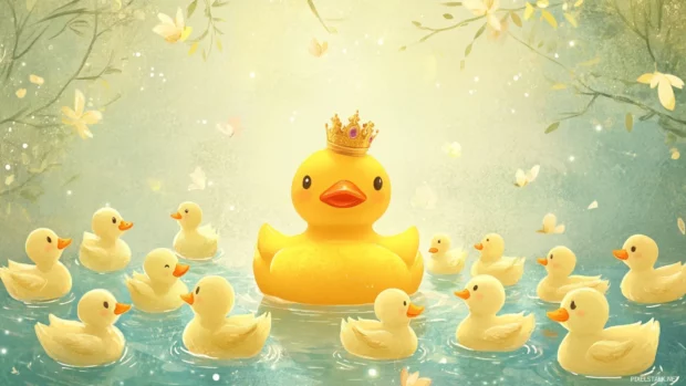 A playful Rubber Duck wallpaper with ducks arranged in a circle around a rubber duck king.