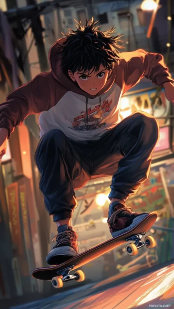 A playful anime boy with messy black hair, a hoodie, and a skateboard, captured mid air performing a trick in a neon lit skate park.