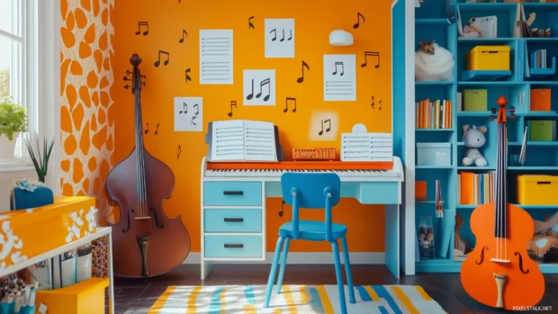A playful design featuring cartoonish instruments and musical notes in a vibrant color scheme, arranged in a cheerful, repeating tile pattern.