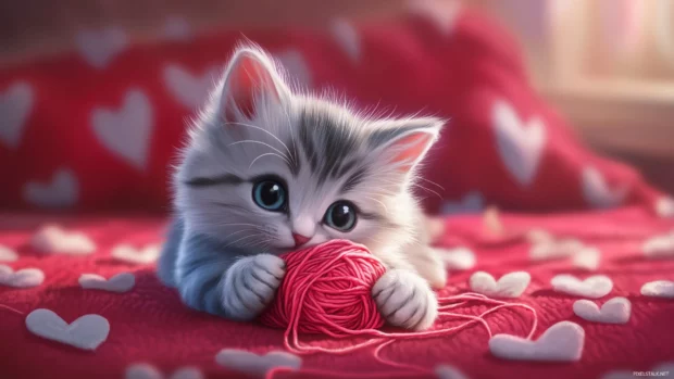 A playful kitten playing with a ball of yarn, its little paws tangled up, with cute heart patterns in the background.