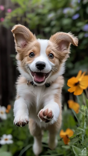 A playful moment captured in the garden, this cute puppy makes for the ultimate dog wallpaper background.