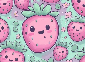 A playful pattern of pink strawberries with soft gradient shading, surrounded by abstract doodles and tiny pastel hearts, light pink background, Simple lines5.