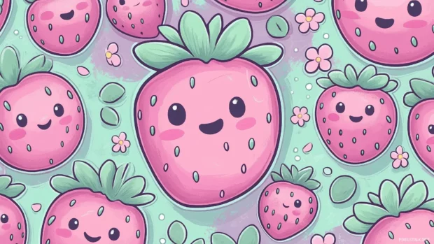 A playful pattern of pink strawberries with soft gradient shading, surrounded by abstract doodles and tiny pastel hearts, light pink background, Simple lines5.