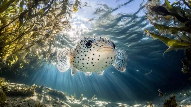A playful pufferfish inflating in a serene underwater scene, surrounded by soft currents and glowing light filtering from the surface.