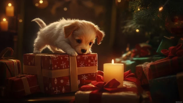 A playful puppy climbing over stacked Christmas presents under soft candlelight.