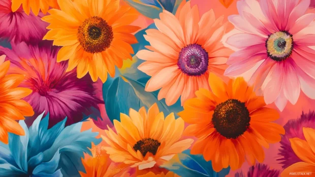 A playful retro floral wallpaper showcasing overlapping daisy and sunflower motifs in vivid orange, pink, and blue, with a psychedelic vibe, Retro style.