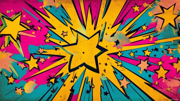 A playful retro pop art wallpaper featuring stylized stars and explosions in a comic style design, with dramatic shading and vibrant yellow, pink, and turquoise colors, Retro style.