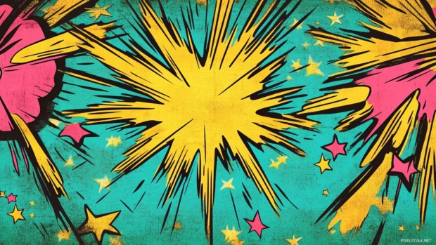 A playful retro pop art wallpaper featuring stylized stars and explosions in a comic style design, with dramatic shading and vibrant yellow, pink, and turquoise colors, Retro style.