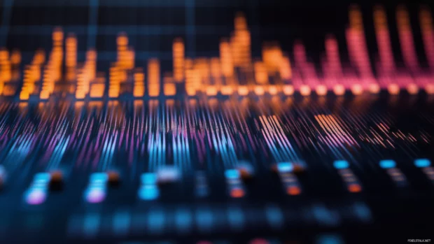 A playful sound wave pattern, equalizer bars, lively flow, dark contrast.
