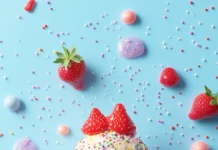 A playful summer vibe, kawaii strawberry ice cream, happy face, sprinkles, strawberries.
