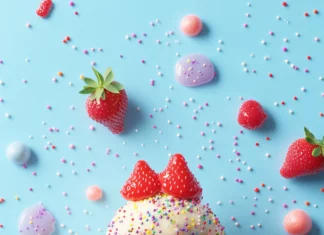 A playful summer vibe, kawaii strawberry ice cream, happy face, sprinkles, strawberries.