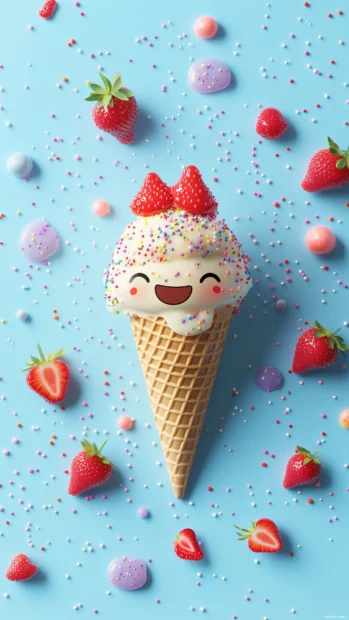A playful summer vibe, kawaii strawberry ice cream, happy face, sprinkles, strawberries.