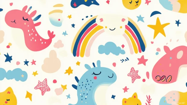 A playful wallpaper filled with colorful illustrations of animals, rainbows, and stars, designed for a fun and cheerful kids room.