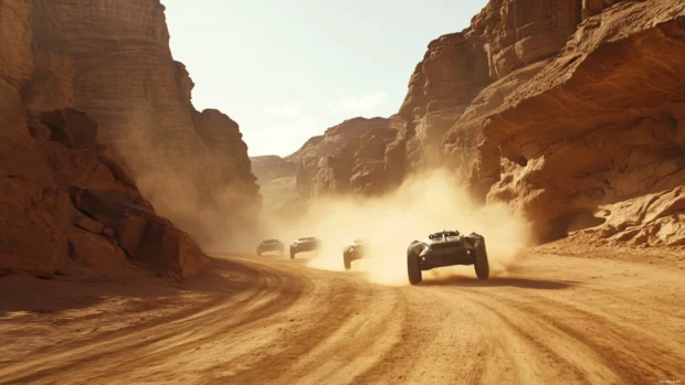 A pod race kicking up dust in a bright desert canyon.