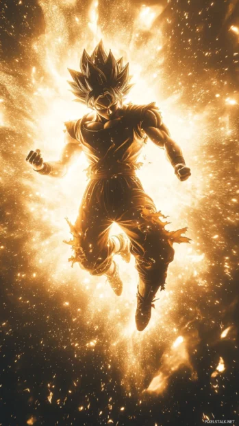 A powerful Son Goku iPhone Wallpapers featuring Goku midair surrounded by golden light and intense focus.