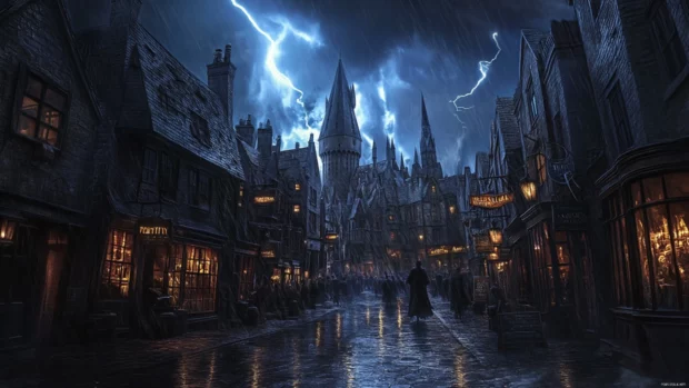 A powerful portrait of Diagon Alley in the heart of a magical storm.