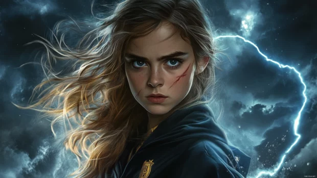 A powerful portrait of Hermione Granger in the heart of a magical storm.