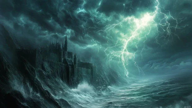 A powerful portrait of Slytherin Dungeon in the heart of a magical storm.