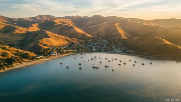 A pretty harbor nestled in golden hills.