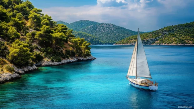 A pretty sailboat drifting across crystal blue waters.