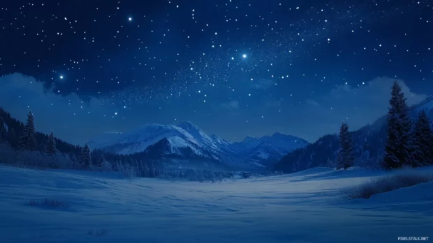 A pretty starlit sky arching over silent snowy fields.