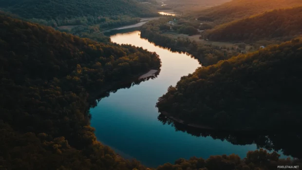 A pretty winding river catching the last light of sunset.