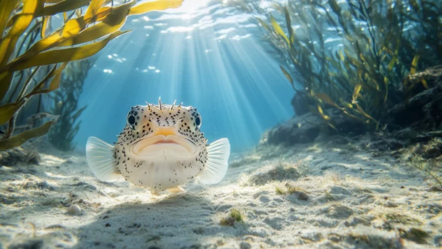 A pufferfish in its natural habitat, inflated and surrounded by delicate underwater plants and soft light, creating a peaceful oceanic atmosphere.