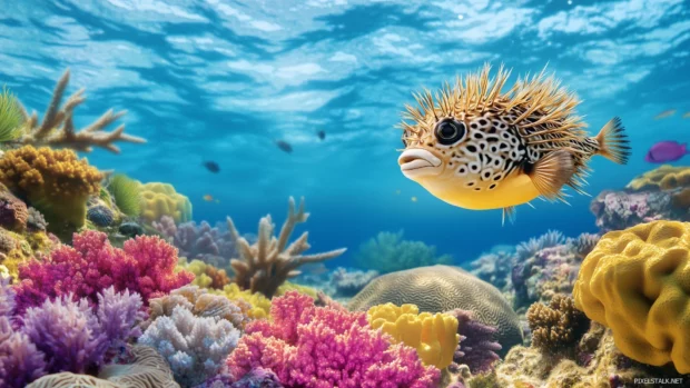 A pufferfish swimming gracefully among vibrant coral reefs, its inflated body and quills standing out against the colorful ocean backdrop.