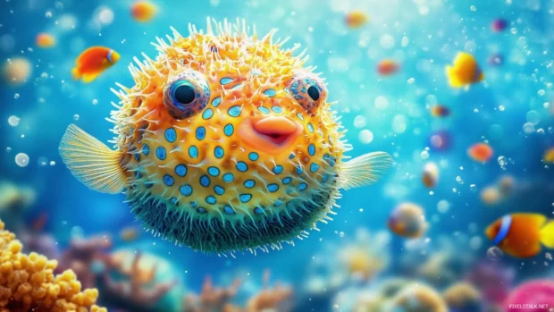 A pufferfish swimming through the clear blue water, puffed up with vibrant textures and patterns on its body, surrounded by small fish and coral.