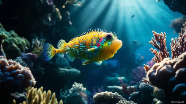A pufferfish with its vibrant yellow and green patterns, inflated in the middle of a vibrant coral reef, sunlight streaming down from above.