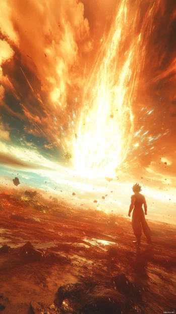 A punch from Goku creates a shockwave that clears the sky above the battlefield.