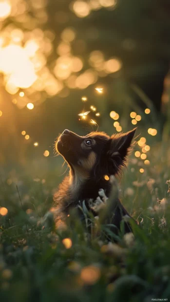 A puppy chasing fireflies at dusk in a grassy field.