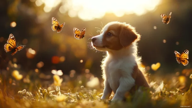 A puppy playing with butterflies in a sunlit meadow.