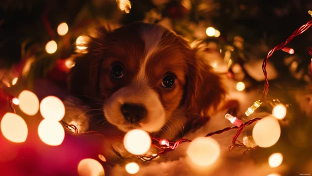 A puppy tangled in twinkling Christmas lights looking adorably confused.