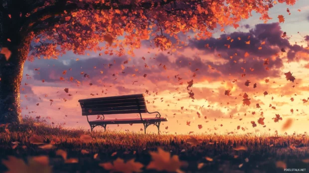 A quiet anime scene of falling autumn leaves around a lonely bench.