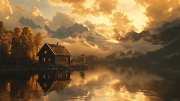 A quiet cabin by the lake reflects perfectly in the still water beneath golden clouds.
