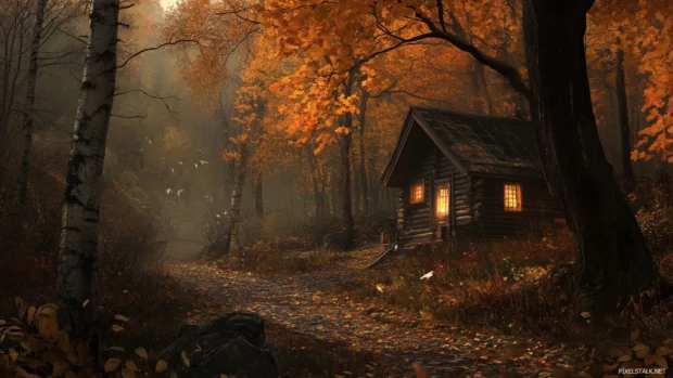 A quiet cabin in an autumn forest, common in rustic fall computer wallpapers.
