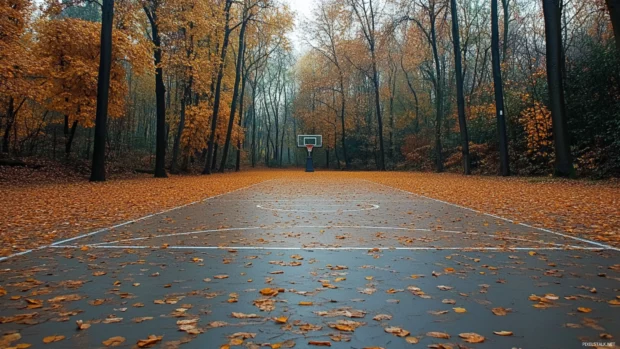 A quiet forest basketball court with leaves scattered across the half court.