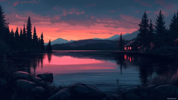 A quiet lakeside scene at dusk, the water reflecting the vibrant colors of the sunset.