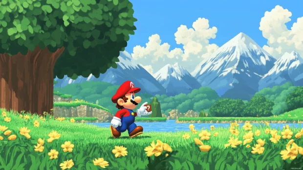 A quiet meadow in Super Mario World shows Mario picking up a power up with a peaceful backdrop.