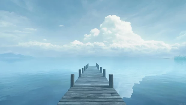 A quiet pier stretching over calm summer waters, with soft clouds drifting across the sky.