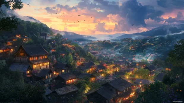 A quiet village nestled in the hills, rooftops glowing under the evening sunset.